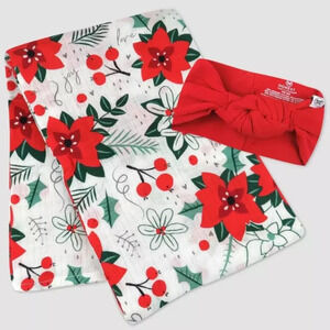 Honest co Christmas poinsettia baby swaddle blanket and headwrap new in package